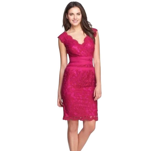 TADASHI SHOJI Vibrant Pink V-Neck Embroidered Lace Cocktail Midi Dress Size 12 - Picture 1 of 10